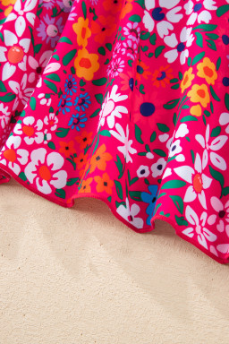 Rose Floral Print Ricrac Trim Spaghetti Strap One Piece Swim Dress