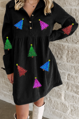 Black Shimmer Christmas Tree Patched Patterned Half Buttons Long Sleeve Dress