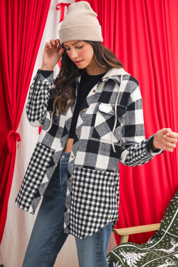 Black Plaid Patchwork Drawstring Hooded Raw Hem Shacket