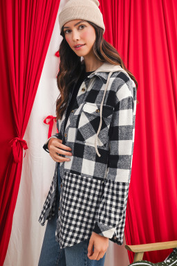 Black Plaid Patchwork Drawstring Hooded Raw Hem Shacket