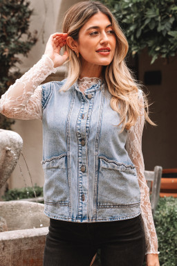 Beau Blue Scalloped Trim Patch Pocket Button Front Denim Vest