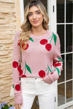 Pink Cherry Print Round Neck Knit Sweater