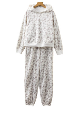 White Ditsy Floral Print Cozy Pullover Drawstring Pants Set