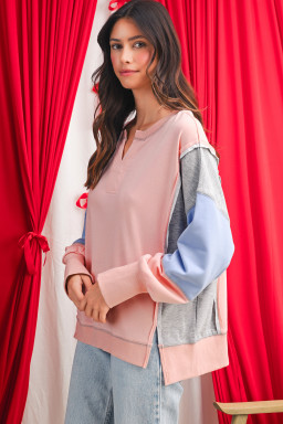 Apricot Pink Exposed Seam Colorblock Patchwork Split Cuffs Oversized Sweatshirt