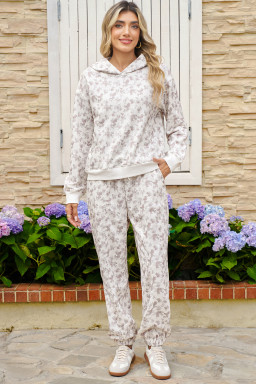 White Ditsy Floral Print Cozy Pullover Drawstring Pants Set