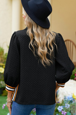 Black Textured V Neck Colorblock Cuffs Sweatshirt