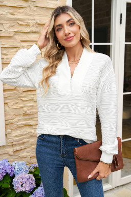 White Solid Color Zipper V Neck Pullover Sweatshirt