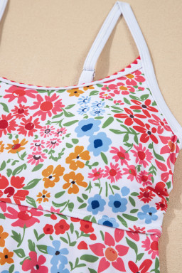 Red Floral Print Ricrac Trim Spaghetti Strap One Piece Swim Dress