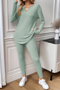 Grass Green Ribbed Notched Neck Knit Long Sleeve Leggings Two Pieces Lounge Set