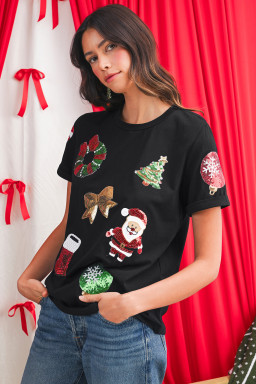 Black Sequin Christmas Graphic Patch Application Crewneck T Shirt