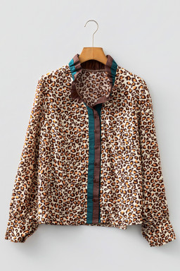 Brown Leopard Print Frill Stand Neck Button Long Sleeve Shirt
