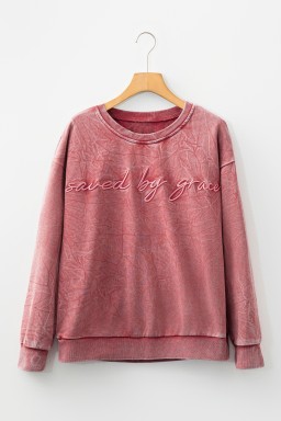 Mineral Red saved by grace Letter Embroidery Mineral Wash Loose Sweatshirt