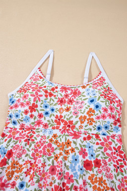 Red Floral Print Ricrac Trim Spaghetti Strap One Piece Swim Dress