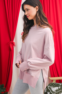 Purple Stripe Thumbhole Side Slits Drop Shoulder Loose Fit Hoodie