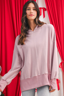 Purple Stripe Thumbhole Side Slits Drop Shoulder Loose Fit Hoodie