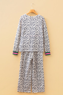 Gray Leopard Contrast Trim Long Sleeve Pullover and Pants Set