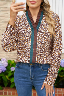 Brown Leopard Print Frill Stand Neck Button Long Sleeve Shirt