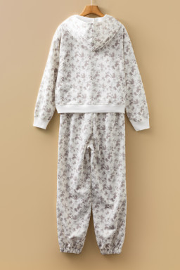 White Ditsy Floral Print Cozy Pullover Drawstring Pants Set