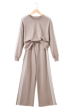 Gray Morn Varsity Striped Detail Cropped Pullover Wide Leg Pants 2pcs Outfit