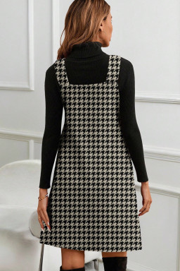 Khaki Houndstooth Print V Neck Sleeveless Mini Dress