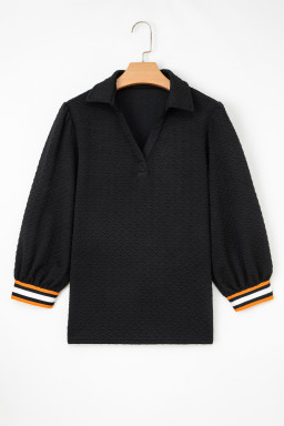 Black Textured V Neck Colorblock Cuffs Sweatshirt