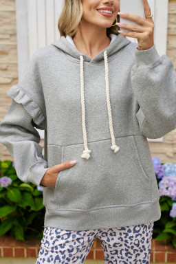 Gray Solid Ruffle Pocket Drawstring Long Sleeve Hoodie