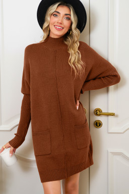 Chestnut Ribbed High Neck Front Pockets Center Seam Shift Sweater Dress