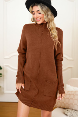 Chestnut Ribbed High Neck Front Pockets Center Seam Shift Sweater Dress