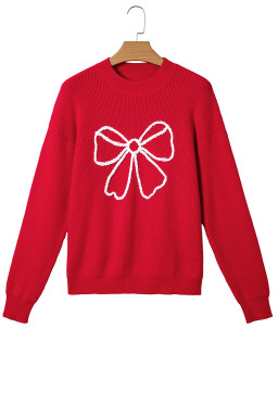 Fiery Red Braided Bow Pattern Sweater