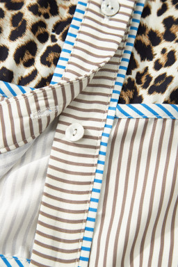 Khaki Plus Size Leopard Print Striped Trim V Neck Drop Waist Long Sleeve Mini Dress