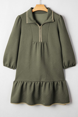 Jungle Green  Quarter Zip Collar Bracelet Sleeve Textured Mini Dress