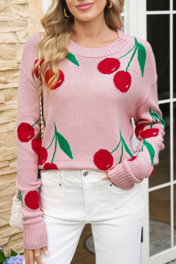 Pink Cherry Print Round Neck Knit Sweater