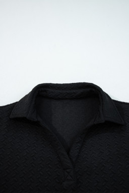 Black Textured V Neck Colorblock Cuffs Sweatshirt