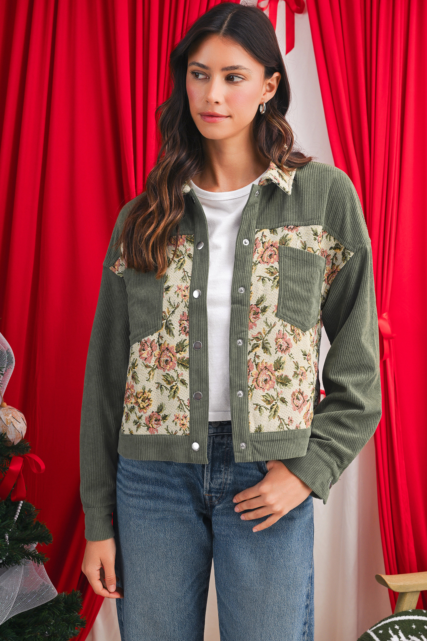 Sage Green Ribbed Retro Floral Patchwork Jacket