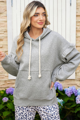 Gray Solid Ruffle Pocket Drawstring Long Sleeve Hoodie