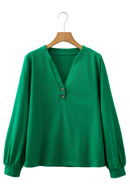Mist Green Casual Button V Neck Long Sleeve T-Shirt