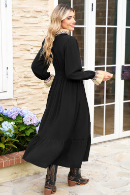 Black Leopard Contrast Color Ruffle Bracelet Sleeve Midi Dress