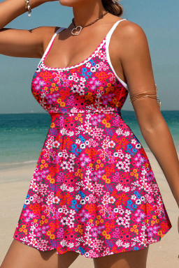 Rose Floral Print Ricrac Trim Spaghetti Strap One Piece Swim Dress