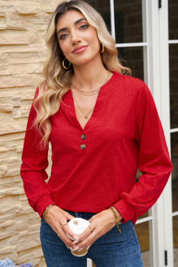 Racing Red Casual Button V Neck Long Sleeve Top