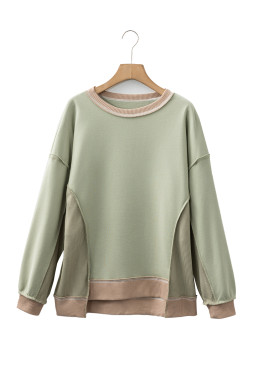 Smoke Green Colorblock Waffle Patchwork Oversize Sweatshirt