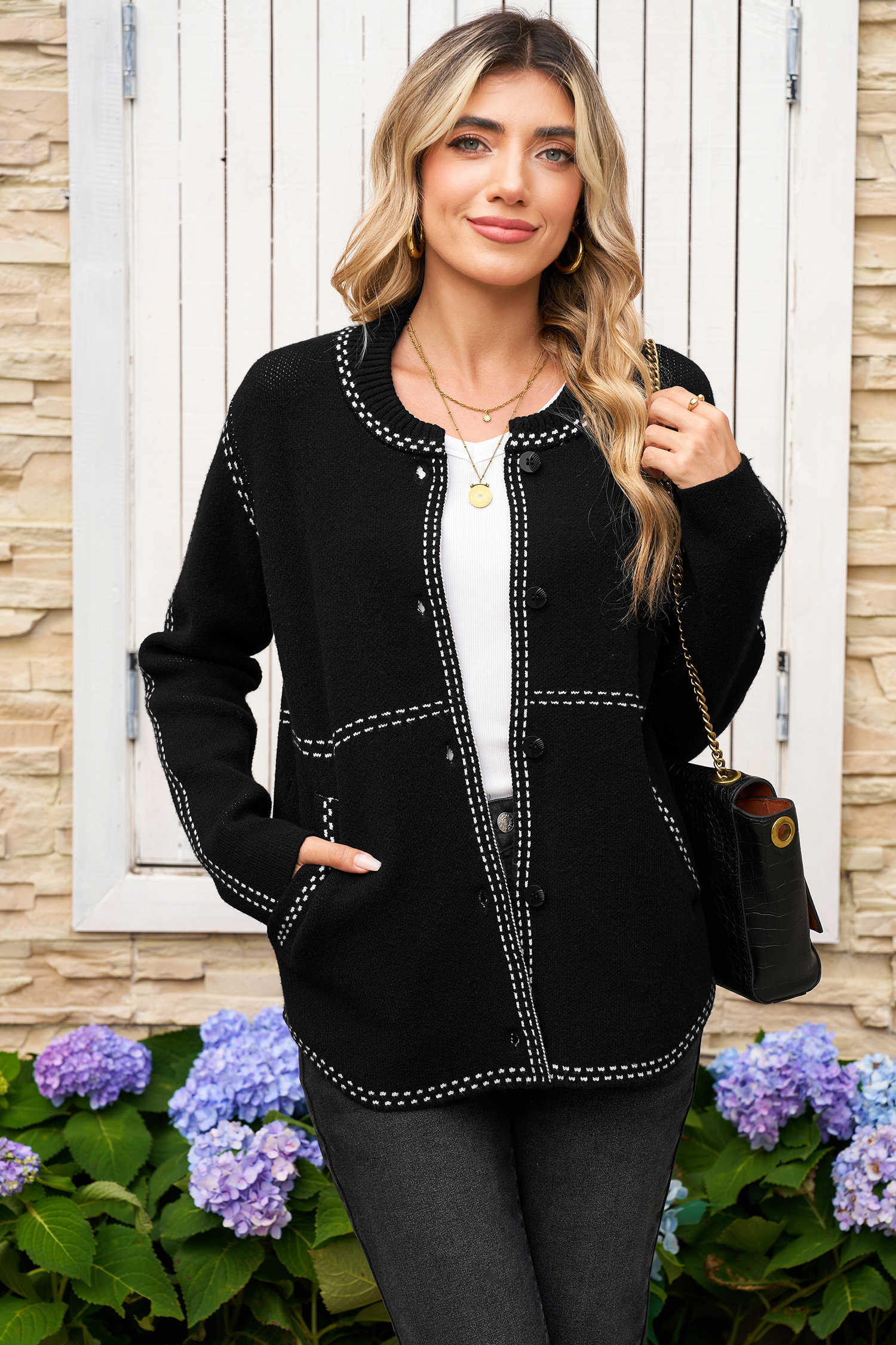 Black Bomber Contrast Trim Snap Button Long Sleeve Cardigan