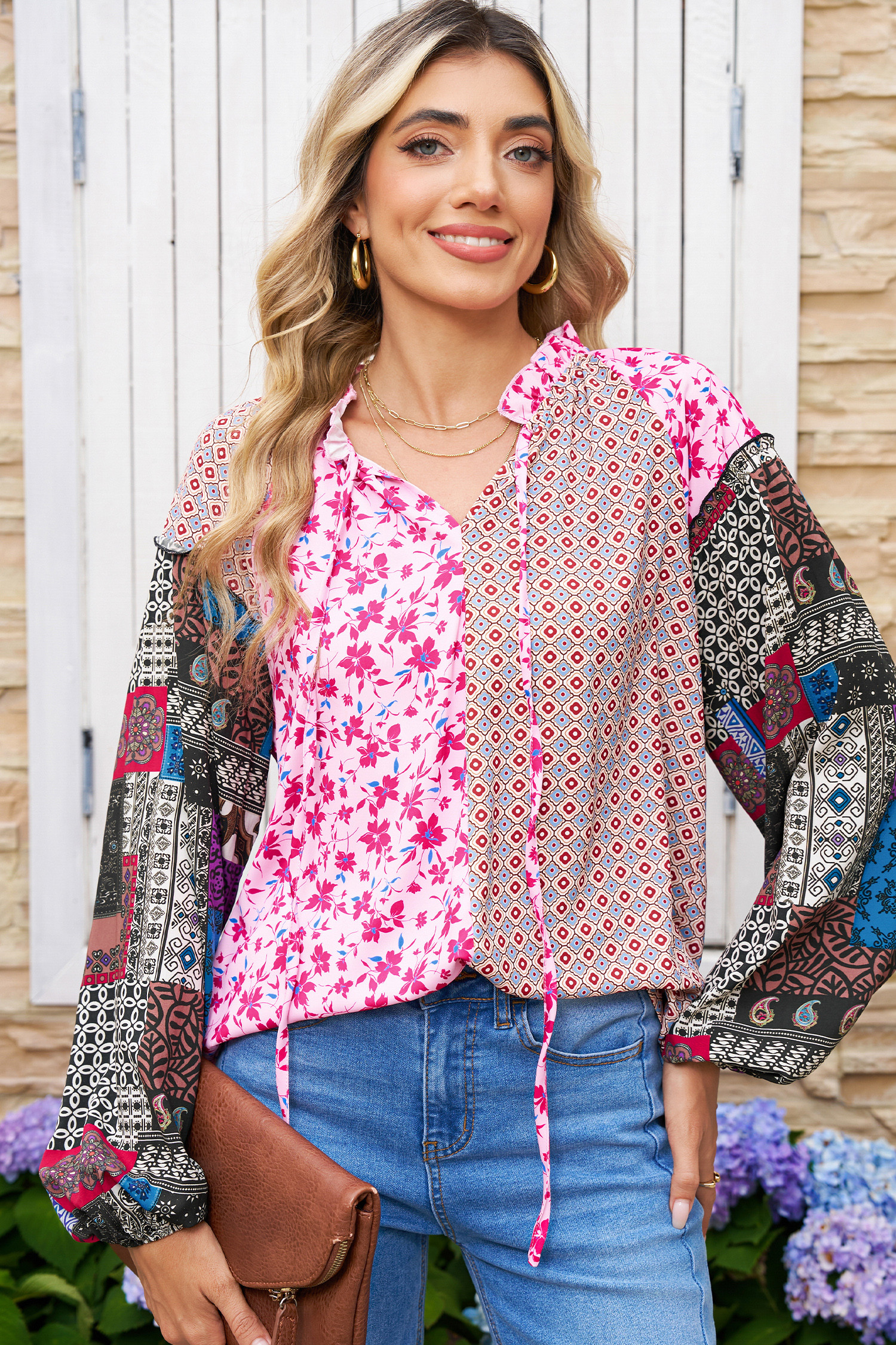 Pink Boho Mixed Floral Patchwork Drop Shoulder Bubble Sleeve Blouse