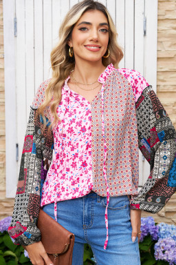 Pink Boho Mixed Floral Patchwork Drop Shoulder Bubble Sleeve Blouse