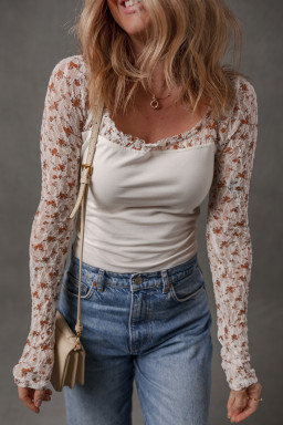 White Floral Lace Patchwork Square Neck Long Sleeve Top