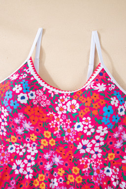 Rose Floral Print Ricrac Trim Spaghetti Strap One Piece Swim Dress