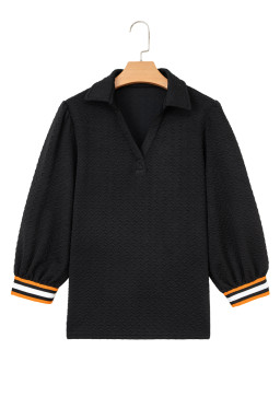 Black Textured V Neck Colorblock Cuffs Sweatshirt