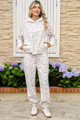 White Ditsy Floral Print Cozy Pullover Drawstring Pants Set
