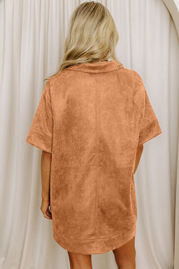 Thai Curry Collared V Neck Faux Suede Short Sleeve Shift Mini Dress