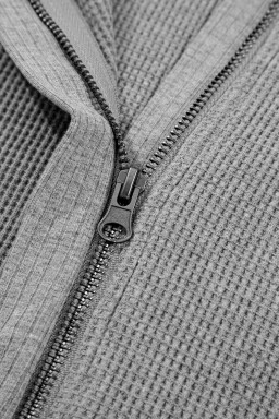 Gray Waffle Splicing Zip Up Front Button Hooded Jacket