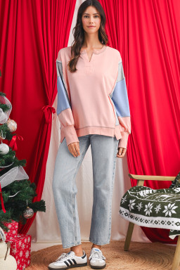 Apricot Pink Exposed Seam Colorblock Patchwork Split Cuffs Oversized Sweatshirt